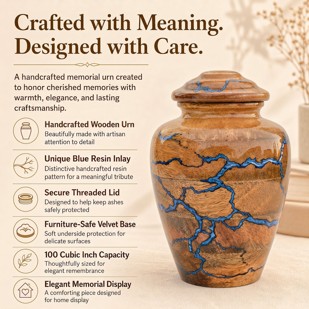 Blue resin wooden urn with secure screw-on closure