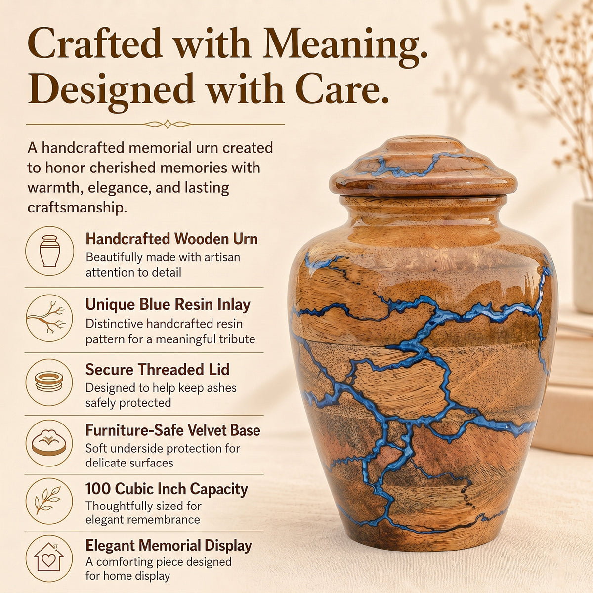 Blue resin wooden urn with secure screw-on closure