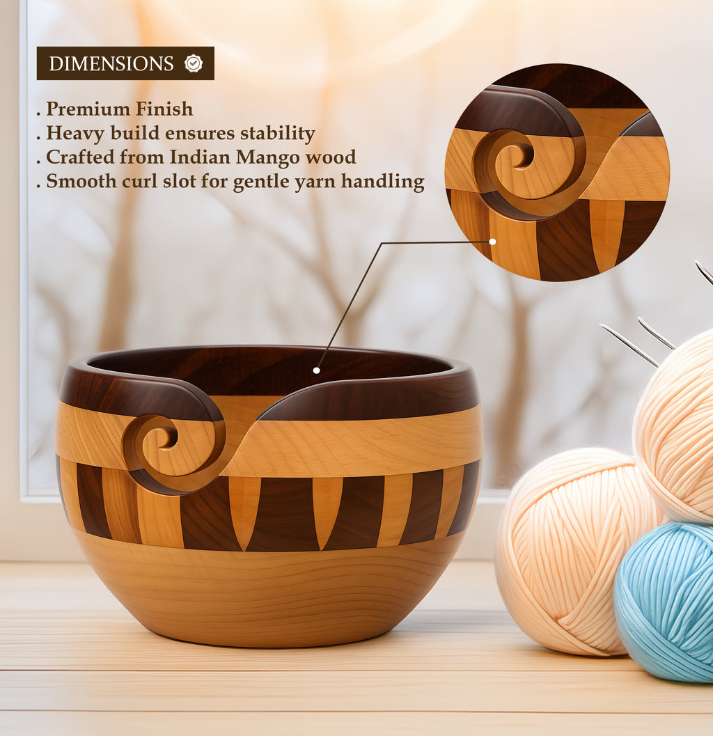 Layered wood yarn bowl with smooth swirl yarn-feed cutout