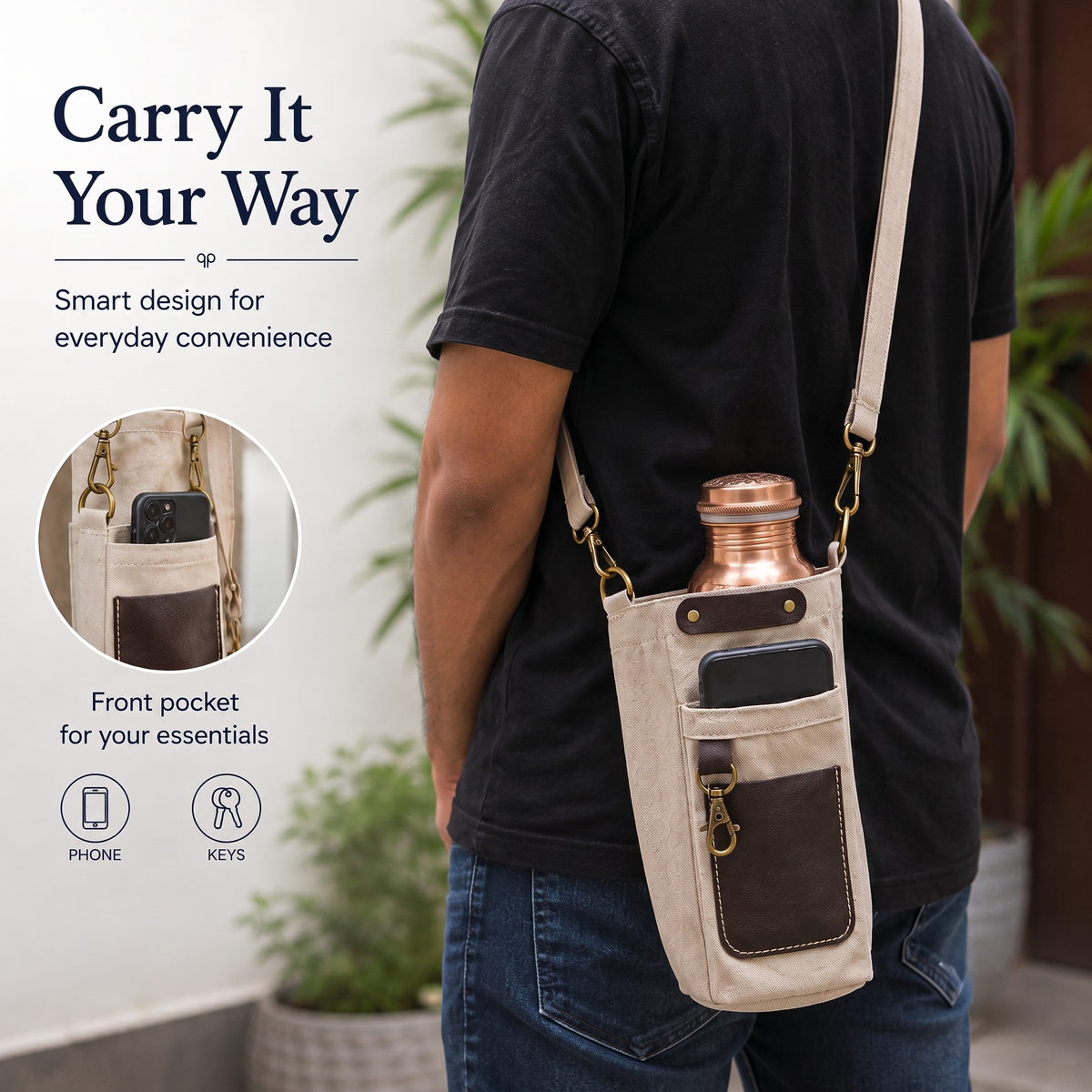 Floral Design Copper Bottle With Straw And Carry Canvas Bag – 950 ml / 32 oz