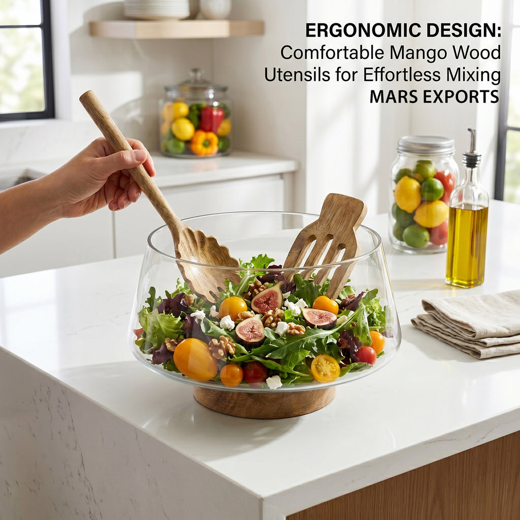 Large Glass Salad Bowl with Mango Wood Base & Serving Spoon – 10 Inch Clear Serving Bowl for Salads, Fruit & Entertaining