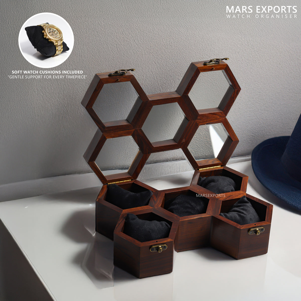 5 Slot Wooden Watch Box – Honeycomb Watch Display Case with Clear Lids & Soft Cushions - Brown