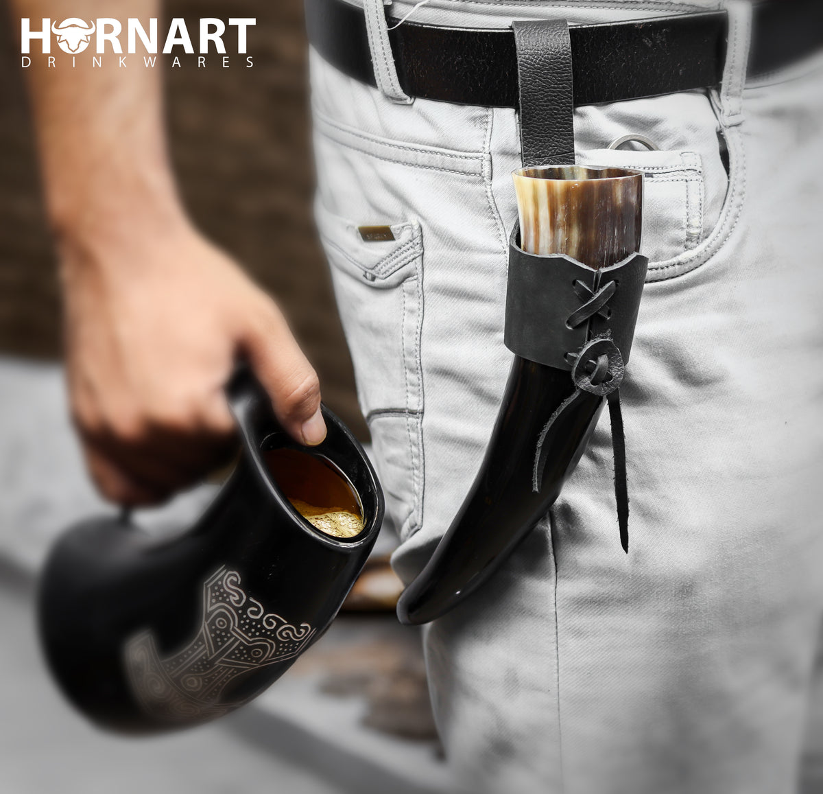 Natural black Viking drinking horn with stand and leather holster – view 5