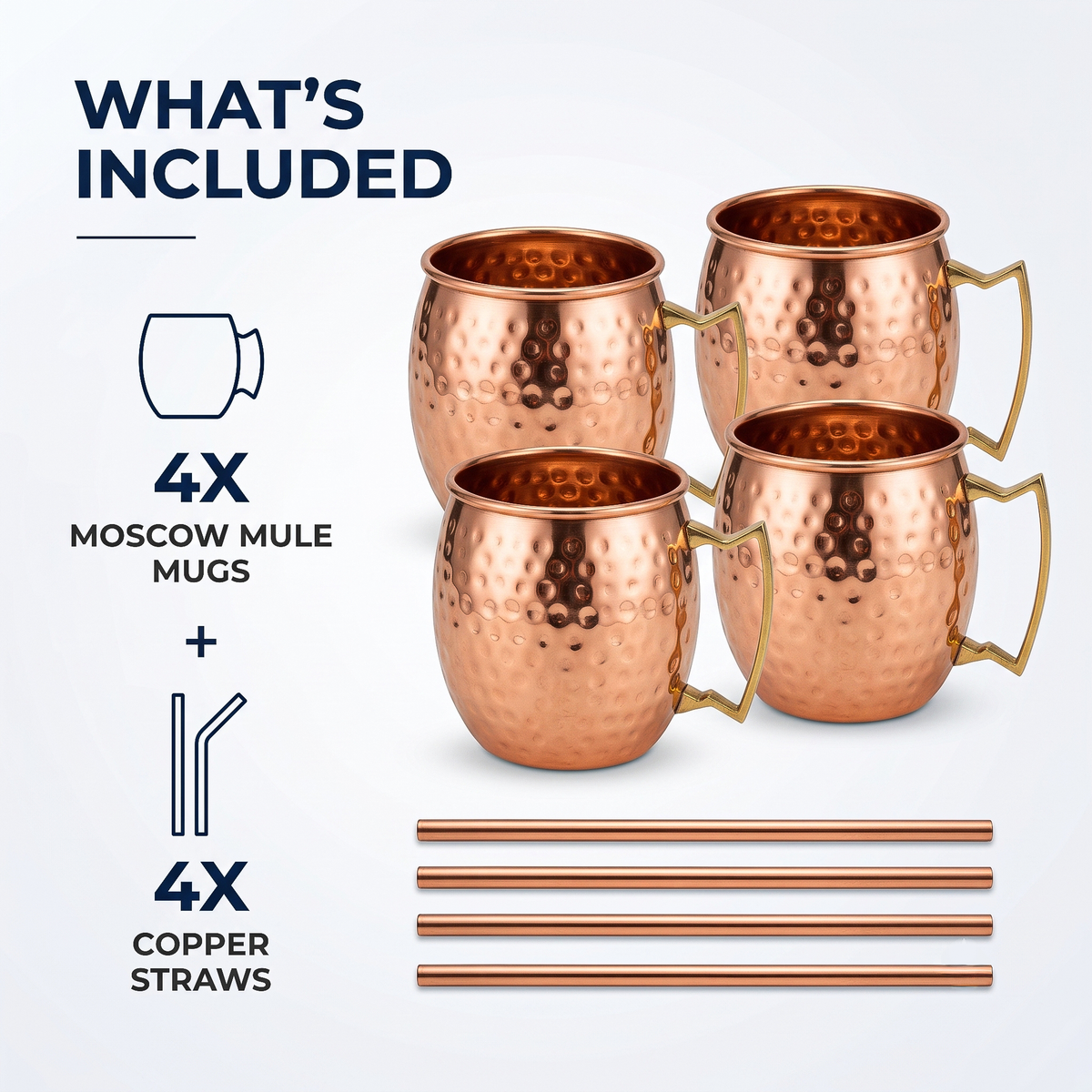 Hammered Pure Copper Moscow Mule Mugs with Straws – Set of 4, 16 oz