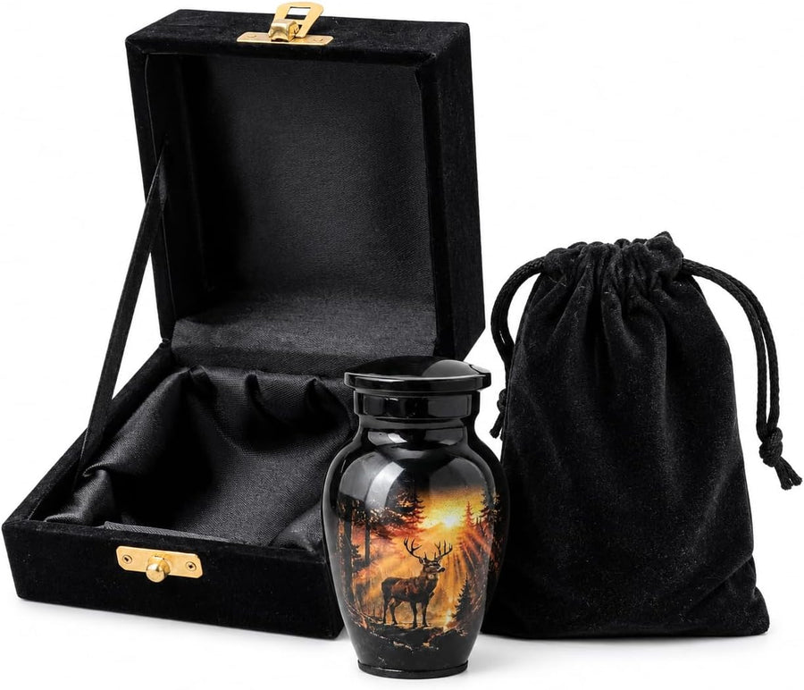 3 Cu In Black Deer Sunset Mini Keepsake Urn for Ashes – Metal Memorial Urn with Forest Design, Velvet Box & Pouch