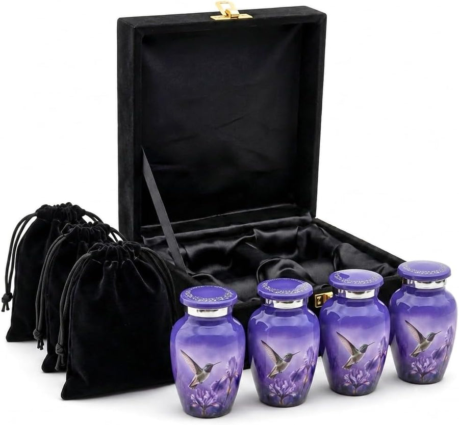3 cu in Purple Hummingbird Memorial Keepsake Urns – Set of 4 Mini Metal Ash Urns with Floral Artwork, Velvet Box