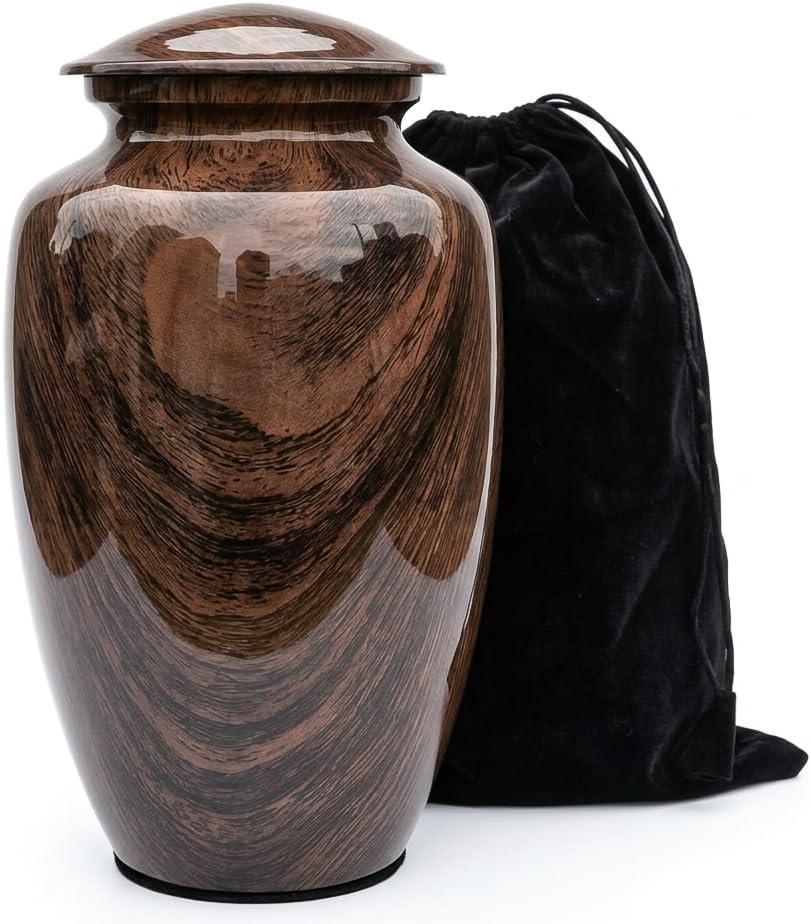 Large Woodgrain Metal Urn for Adult Ashes – Brown Memorial Cremation Urn - 200 Cu In
