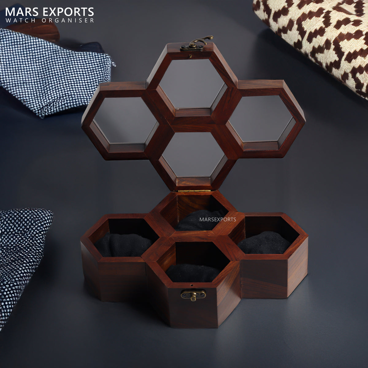 4 Slot Wooden Watch Box – Hexagon Display Case with Clear Lid & Soft Cushions, Brown