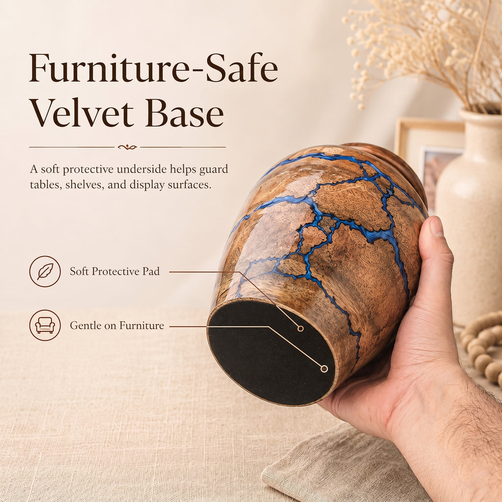 Medium-capacity wooden memorial urn with protective base