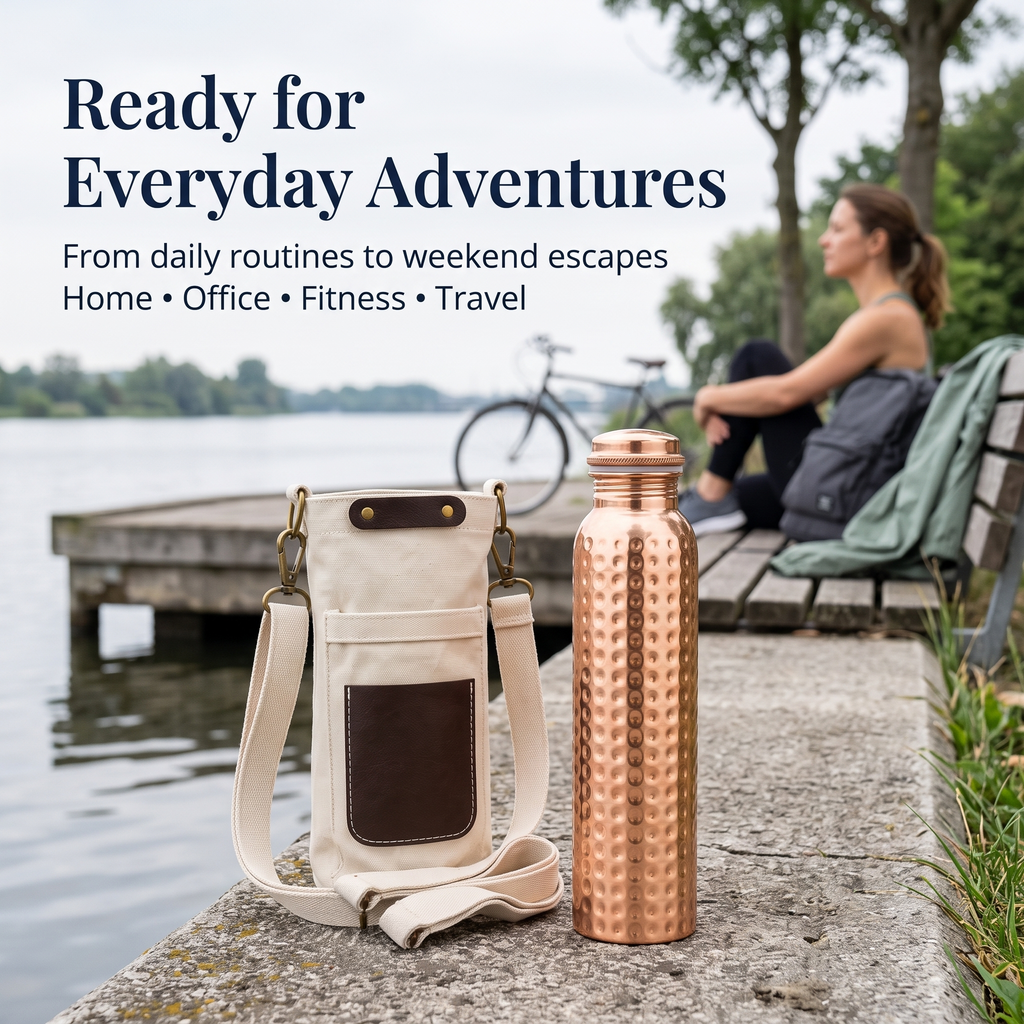 Full Hammered Copper Bottle with Canvas Carry Bag and Copper Straw – 950 ml / 32 oz