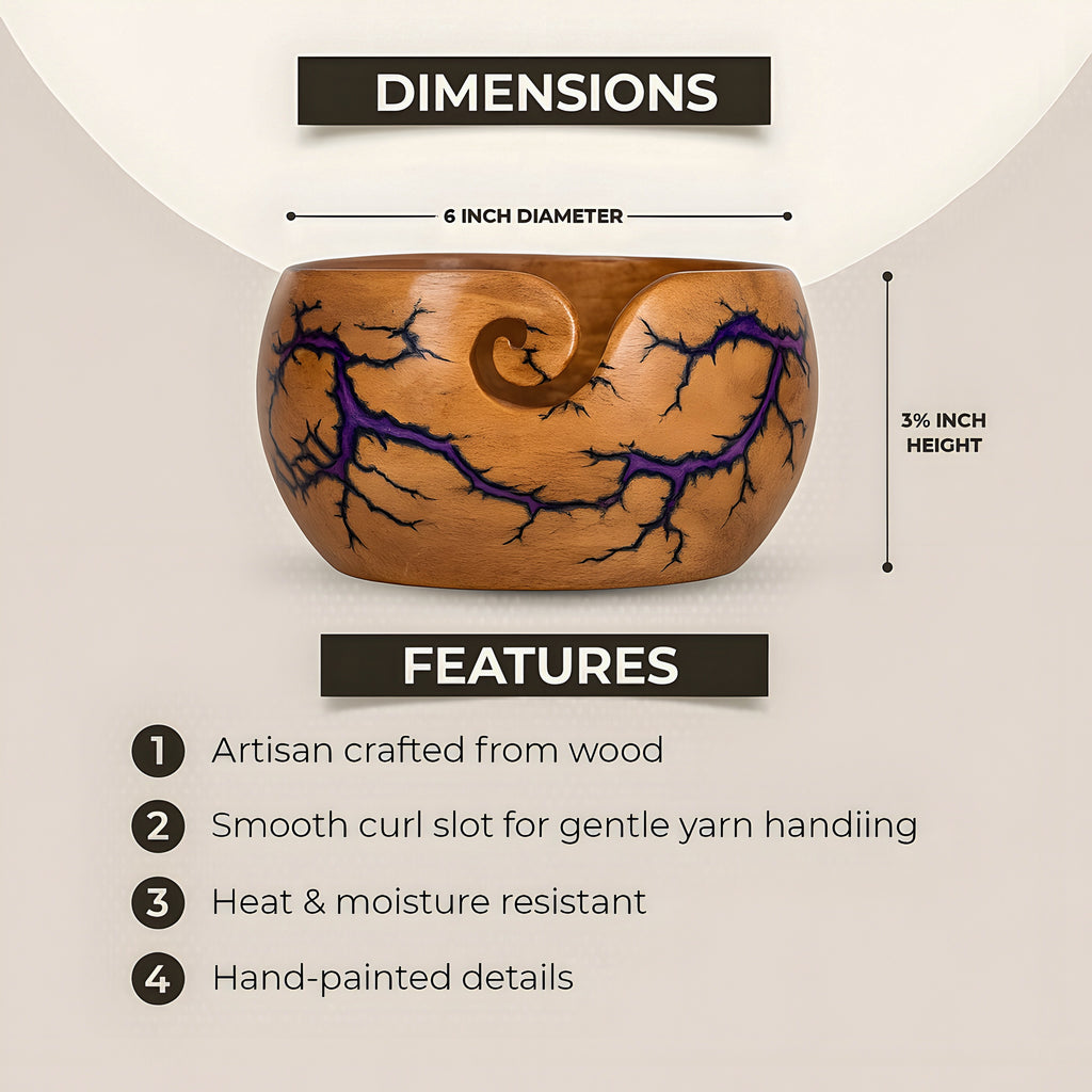 Wooden yarn bowl with smooth guide opening for controlled yarn feeding