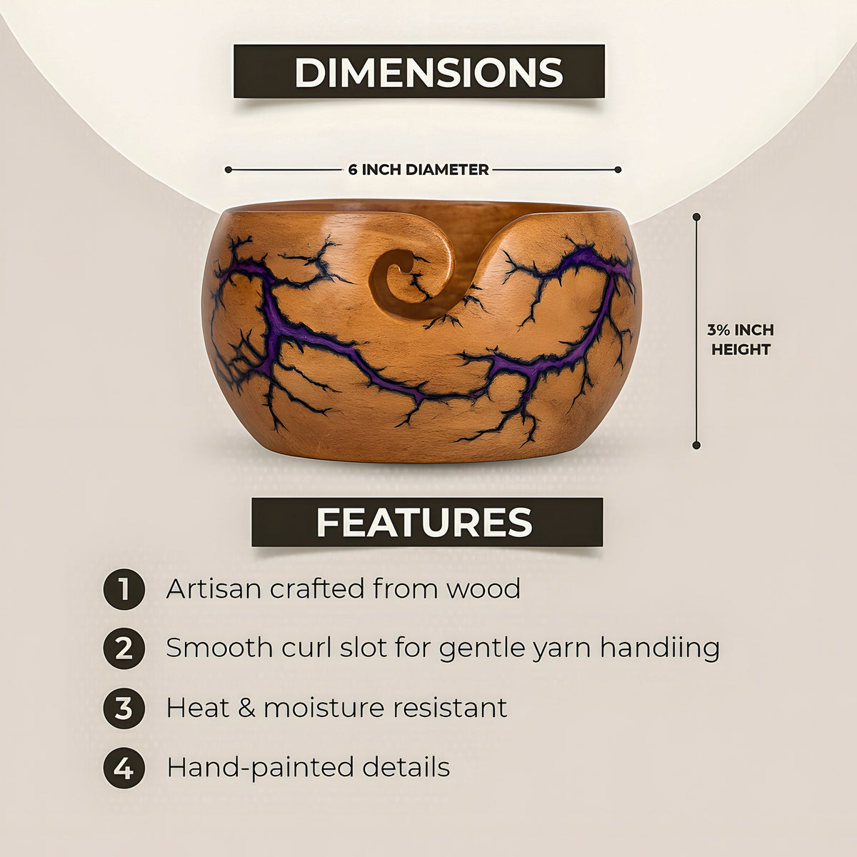 Wooden yarn bowl with smooth guide opening for controlled yarn feeding