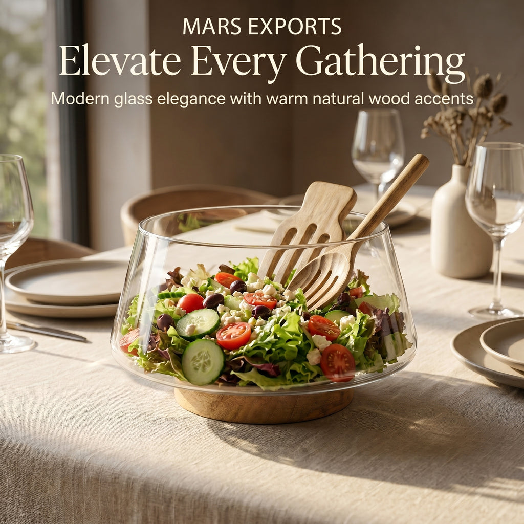 Large Glass Salad Bowl with Mango Wood Base & Serving Spoon – 10 Inch Clear Serving Bowl for Salads, Fruit & Entertaining