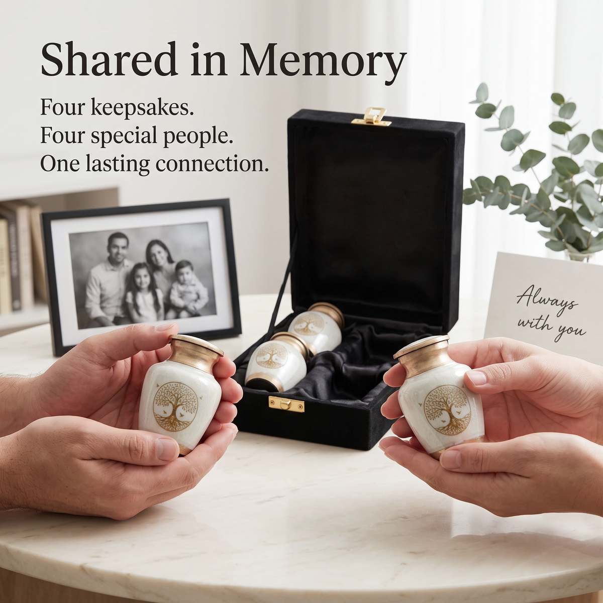 Set of 4 White Tree of Life Mini Keepsake Urns for Ashes – Metal Urns with Velvet Pouches & Box, 3 Cu In Each