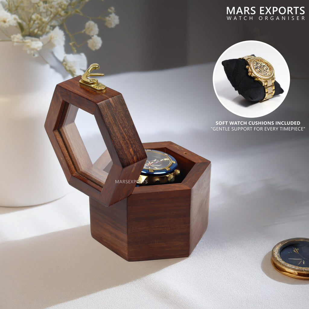 Single Watch Wooden Display Box – Hexagon Watch Storage Case with Clear Lid & Soft Cushion, Brown