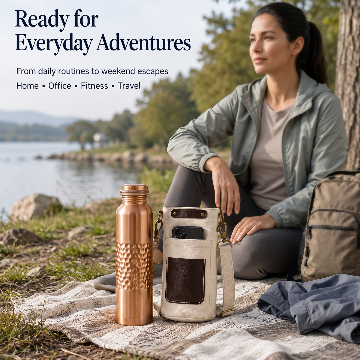 Copper Bottle with Canvas Carry Bag and Copper Straw – 950 ml / 32 oz (Centre Hammered)