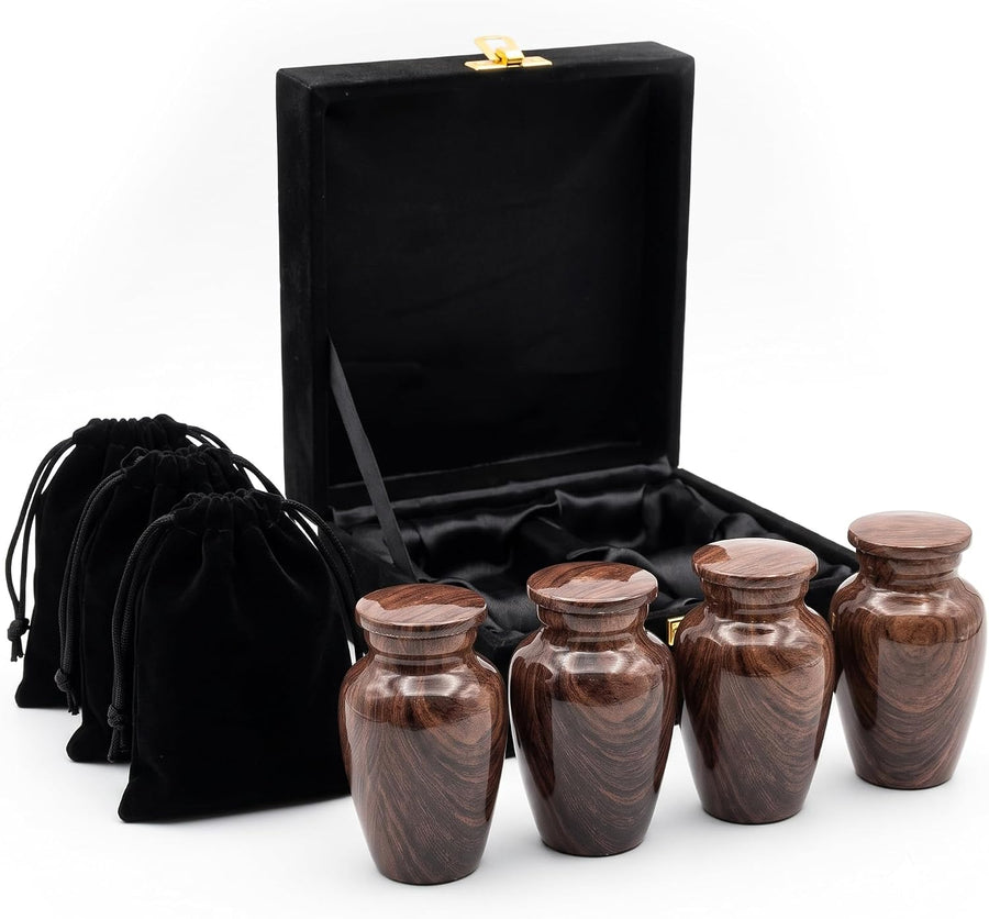 Set of 4 Woodgrain Mini Keepsake Urns for Ashes – Brown Metal Urns with Velvet Pouches & Box, 3 Cu In Each