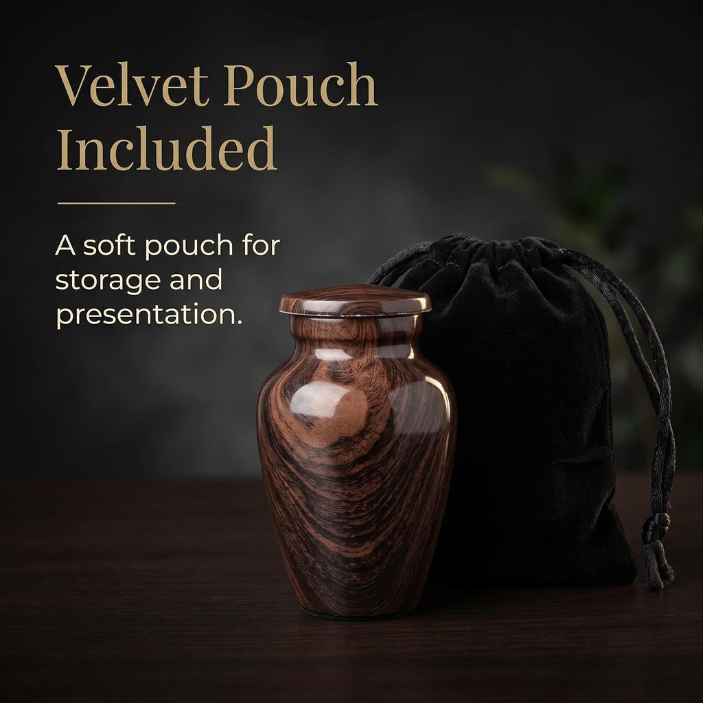 3 Cu In Woodgrain Mini Keepsake Urn for Ashes – Brown Metal Urn with Velvet Box & Pouch
