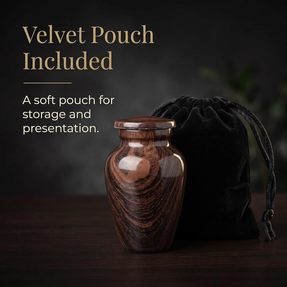 3 Cu In Woodgrain Mini Keepsake Urn for Ashes – Brown Metal Urn with Velvet Box & Pouch