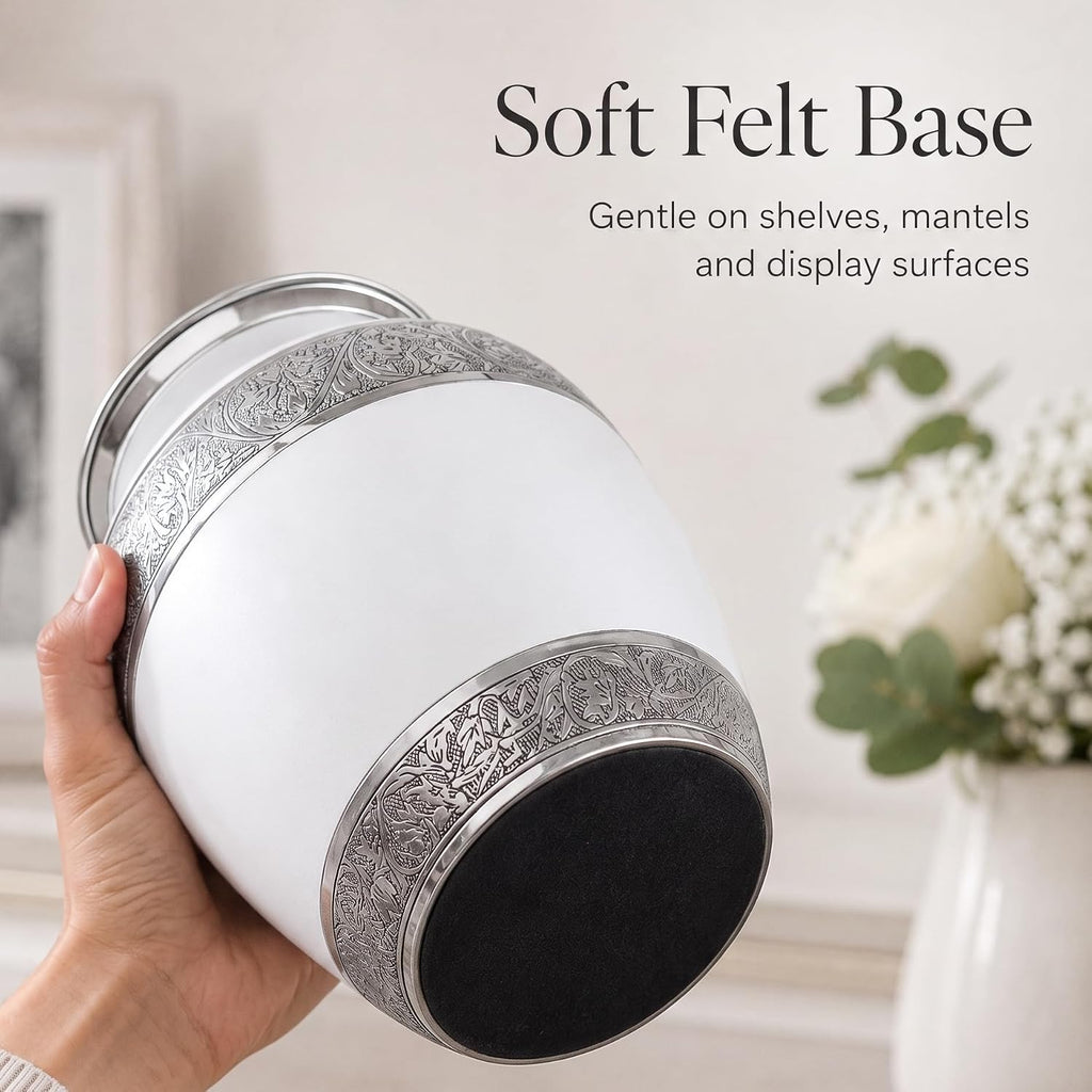 200 Cu In White & Silver Metal Urn for Adult Ashes – Engraved Floral Cremation Urn with Velvet Pouch