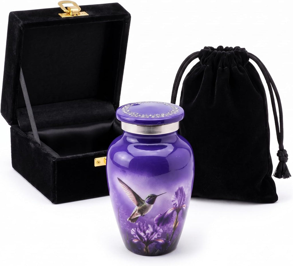 3 Cu In Purple Hummingbird Mini Keepsake Urn for Ashes – Metal Memorial Urn with Floral Design, Velvet Box & Pouch