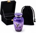 3 Cu In Purple Hummingbird Mini Keepsake Urn for Ashes – Metal Memorial Urn with Floral Design, Velvet Box & Pouch