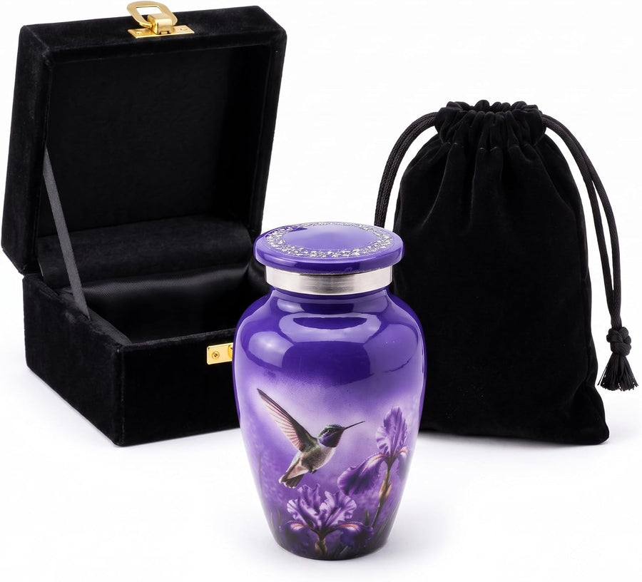 3 Cu In Purple Hummingbird Mini Keepsake Urn for Ashes – Metal Memorial Urn with Floral Design, Velvet Box & Pouch