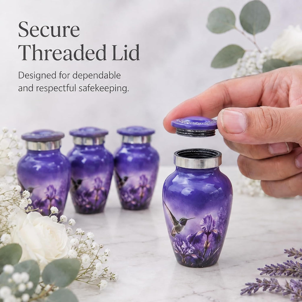 3 cu in Purple Hummingbird Memorial Keepsake Urns – Set of 4 Mini Metal Ash Urns with Floral Artwork, Velvet Box