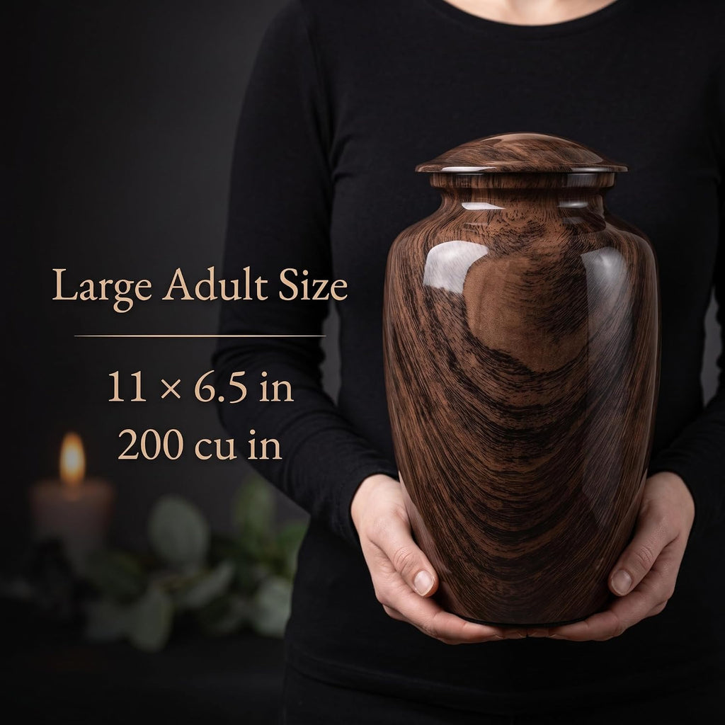 Large Woodgrain Metal Urn for Adult Ashes – Brown Memorial Cremation Urn - 200 Cu In