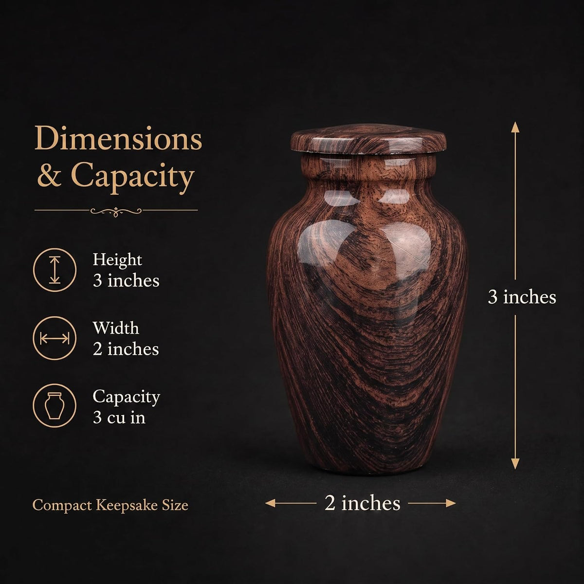 3 Cu In Woodgrain Mini Keepsake Urn for Ashes – Brown Metal Urn with Velvet Box & Pouch