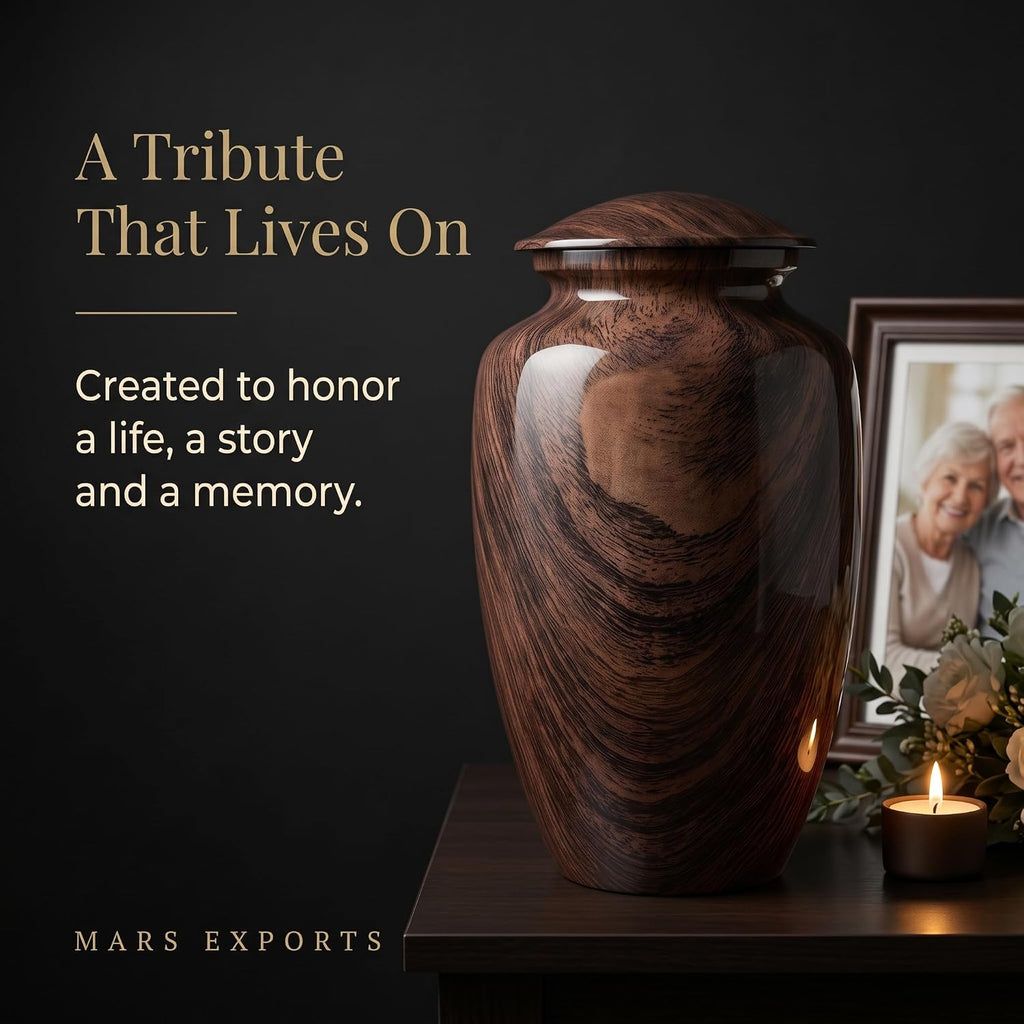 Large Woodgrain Metal Urn for Adult Ashes – Brown Memorial Cremation Urn - 200 Cu In