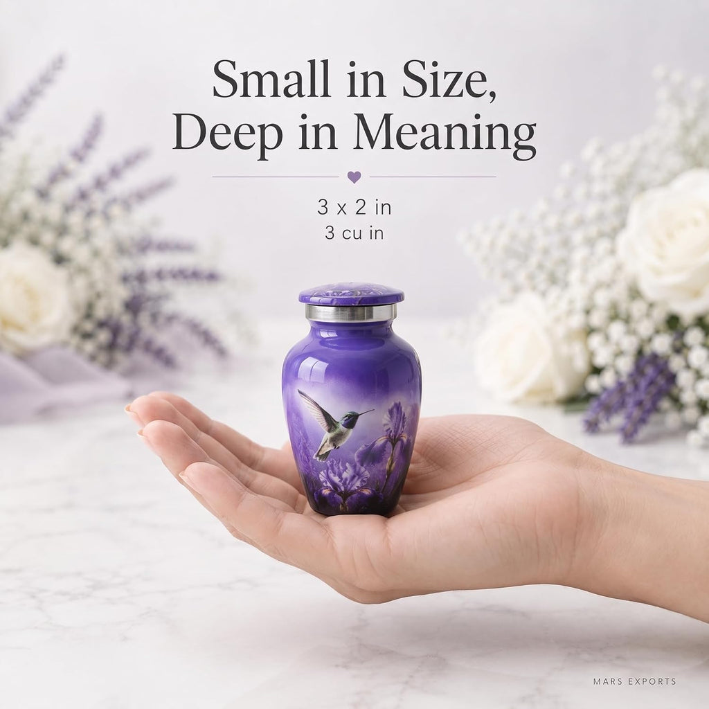 3 Cu In Purple Hummingbird Mini Keepsake Urn for Ashes – Metal Memorial Urn with Floral Design, Velvet Box & Pouch