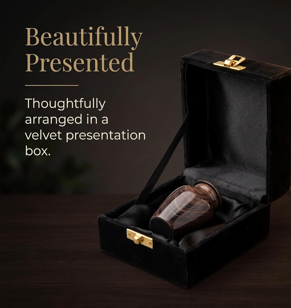 3 Cu In Woodgrain Mini Keepsake Urn for Ashes – Brown Metal Urn with Velvet Box & Pouch