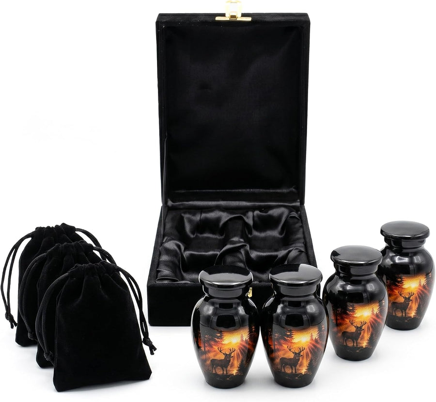 Set of 4 Black Deer Sunset Mini Keepsake Urns for Ashes – Metal Memorial Urns with Velvet Pouches & Box, 3 Cu In Each