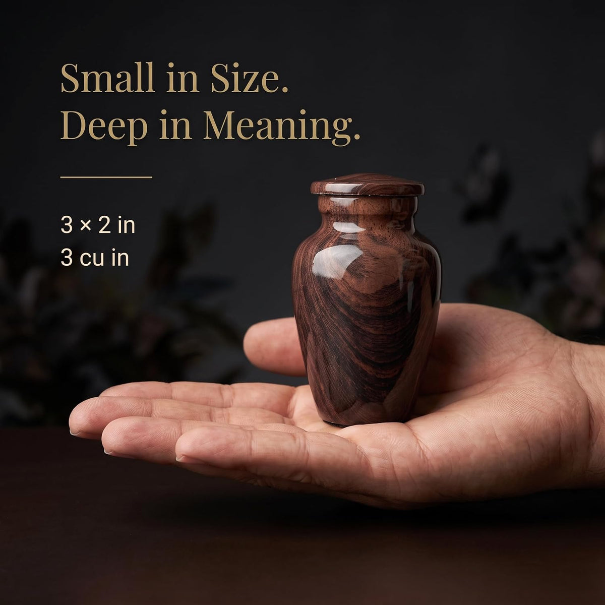 3 Cu In Woodgrain Mini Keepsake Urn for Ashes – Brown Metal Urn with Velvet Box & Pouch