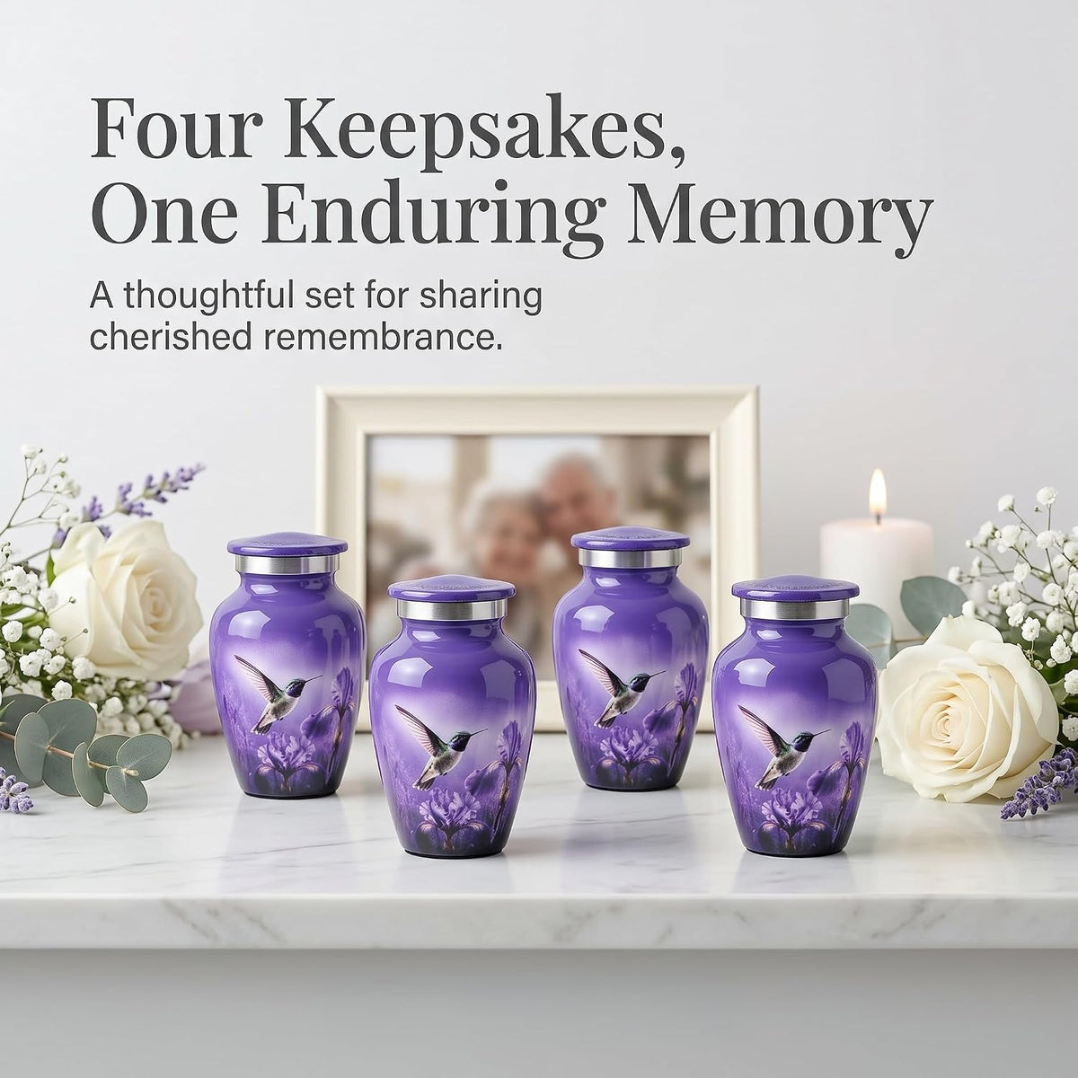 3 cu in Purple Hummingbird Memorial Keepsake Urns – Set of 4 Mini Metal Ash Urns with Floral Artwork, Velvet Box