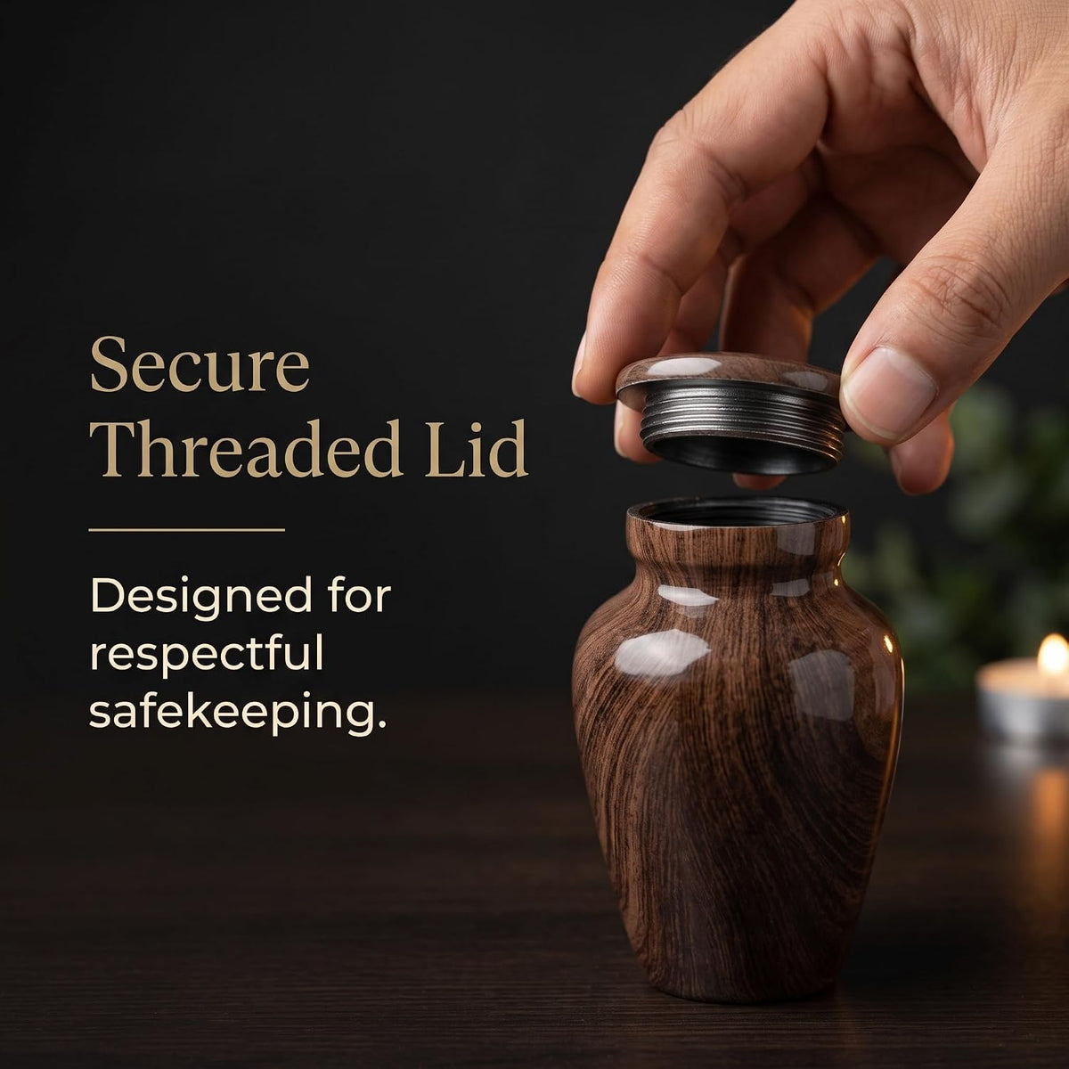 3 Cu In Woodgrain Mini Keepsake Urn for Ashes – Brown Metal Urn with Velvet Box & Pouch
