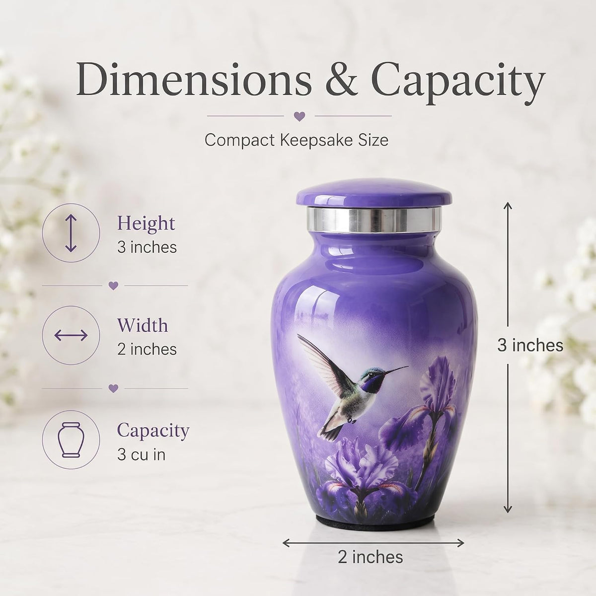 3 Cu In Purple Hummingbird Mini Keepsake Urn for Ashes – Metal Memorial Urn with Floral Design, Velvet Box & Pouch
