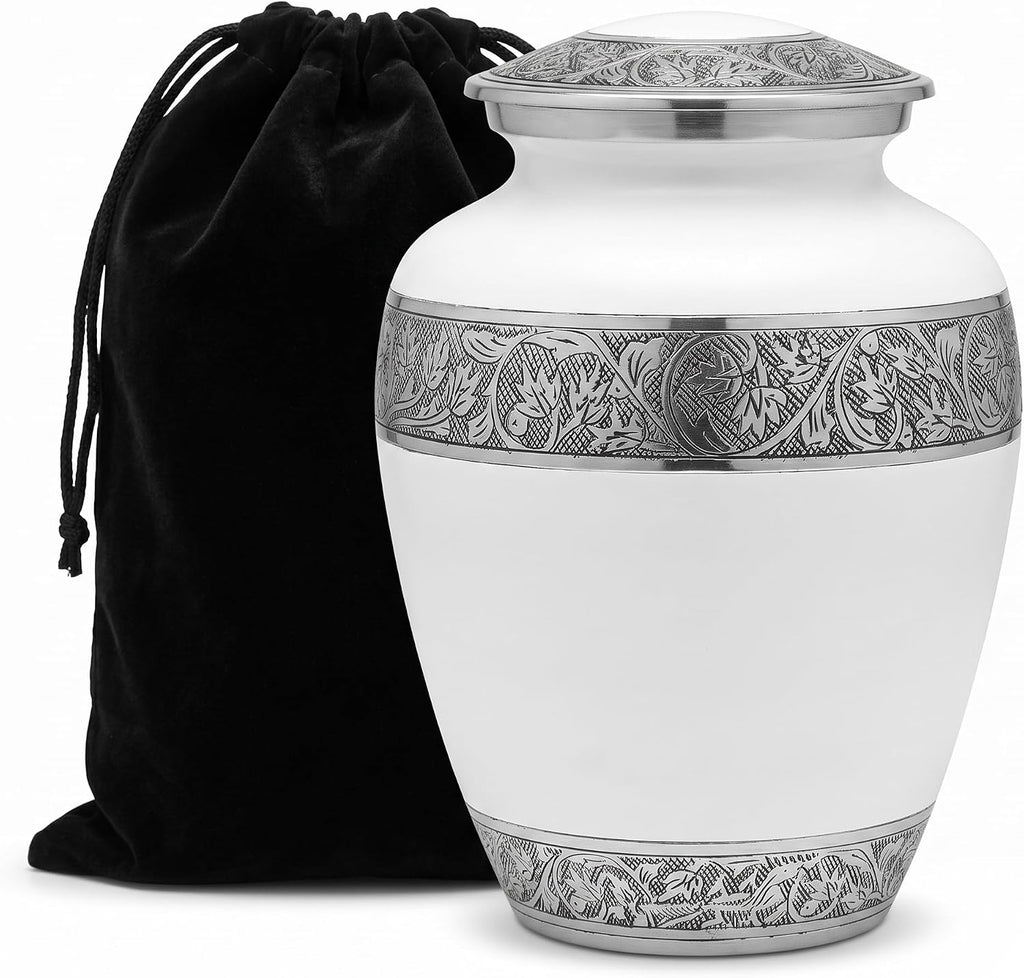200 Cu In White & Silver Metal Urn for Adult Ashes – Engraved Floral Cremation Urn with Velvet Pouch