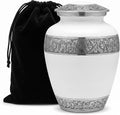 200 Cu In White & Silver Metal Urn for Adult Ashes – Engraved Floral Cremation Urn with Velvet Pouch