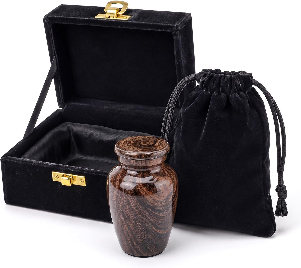 3 Cu In Woodgrain Mini Keepsake Urn for Ashes – Brown Metal Urn with Velvet Box & Pouch