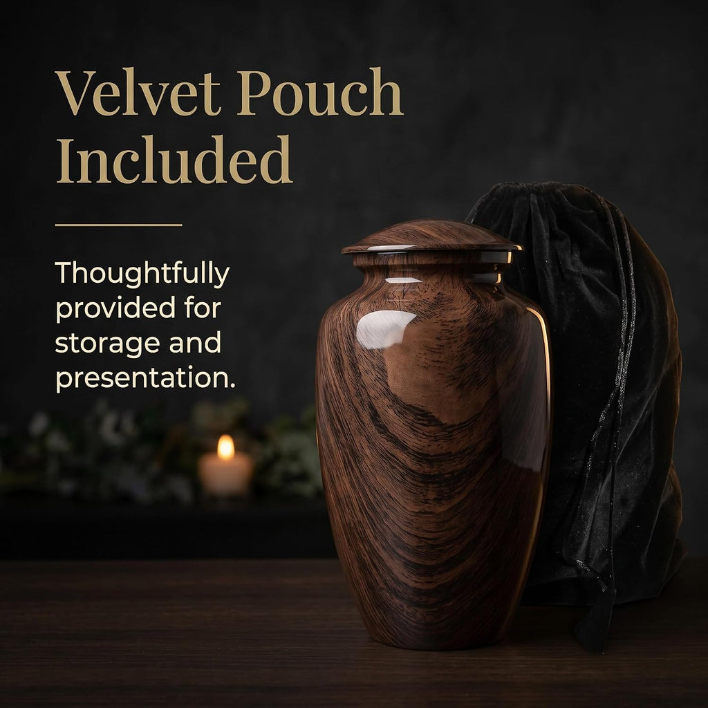 Large Woodgrain Metal Urn for Adult Ashes – Brown Memorial Cremation Urn - 200 Cu In
