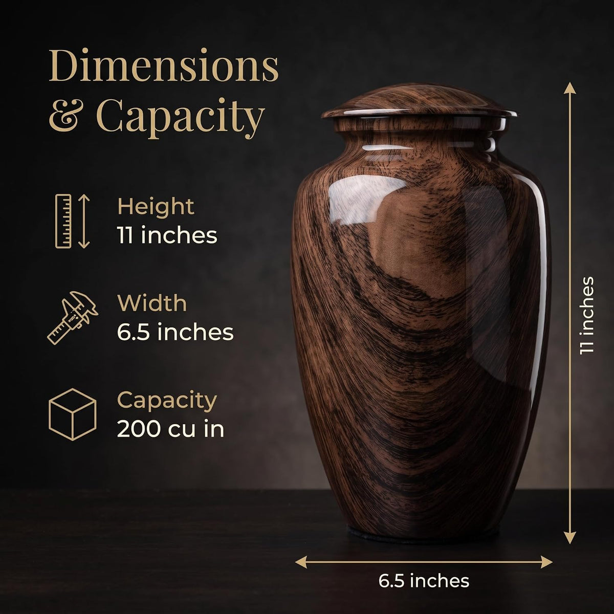 Large Woodgrain Metal Urn for Adult Ashes – Brown Memorial Cremation Urn - 200 Cu In