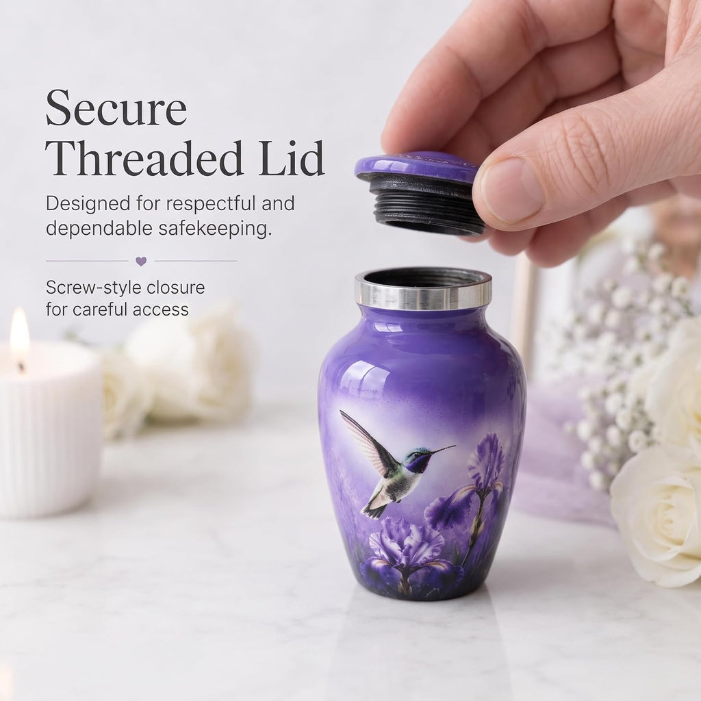 3 Cu In Purple Hummingbird Mini Keepsake Urn for Ashes – Metal Memorial Urn with Floral Design, Velvet Box & Pouch