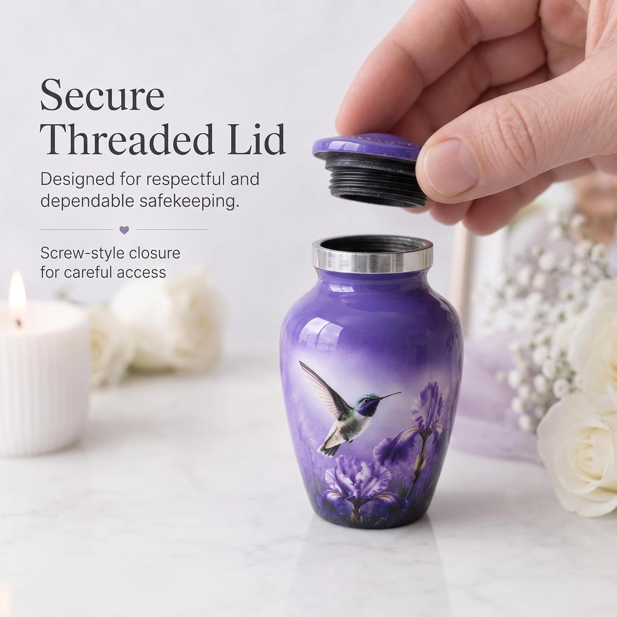 3 Cu In Purple Hummingbird Mini Keepsake Urn for Ashes – Metal Memorial Urn with Floral Design, Velvet Box & Pouch
