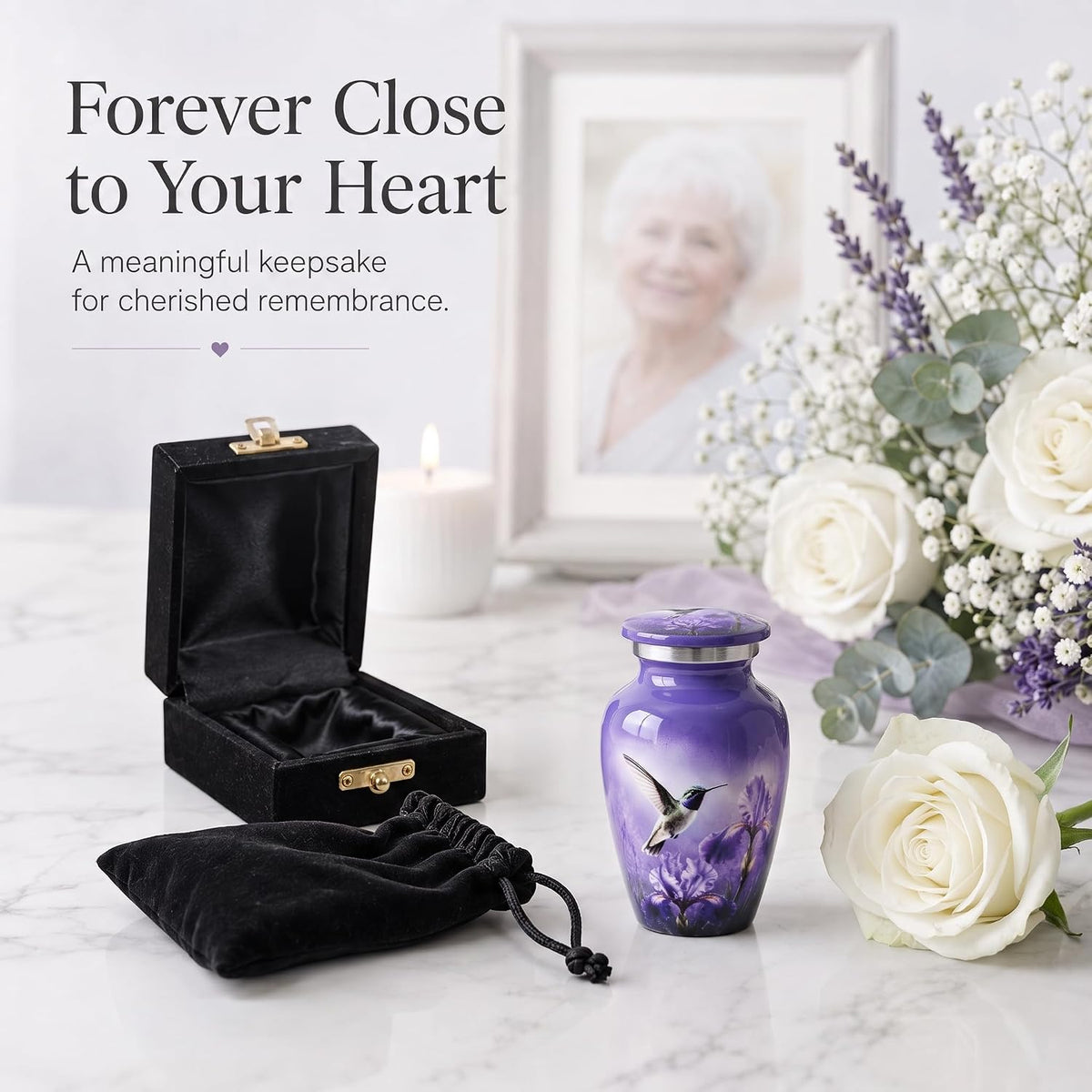 3 Cu In Purple Hummingbird Mini Keepsake Urn for Ashes – Metal Memorial Urn with Floral Design, Velvet Box & Pouch
