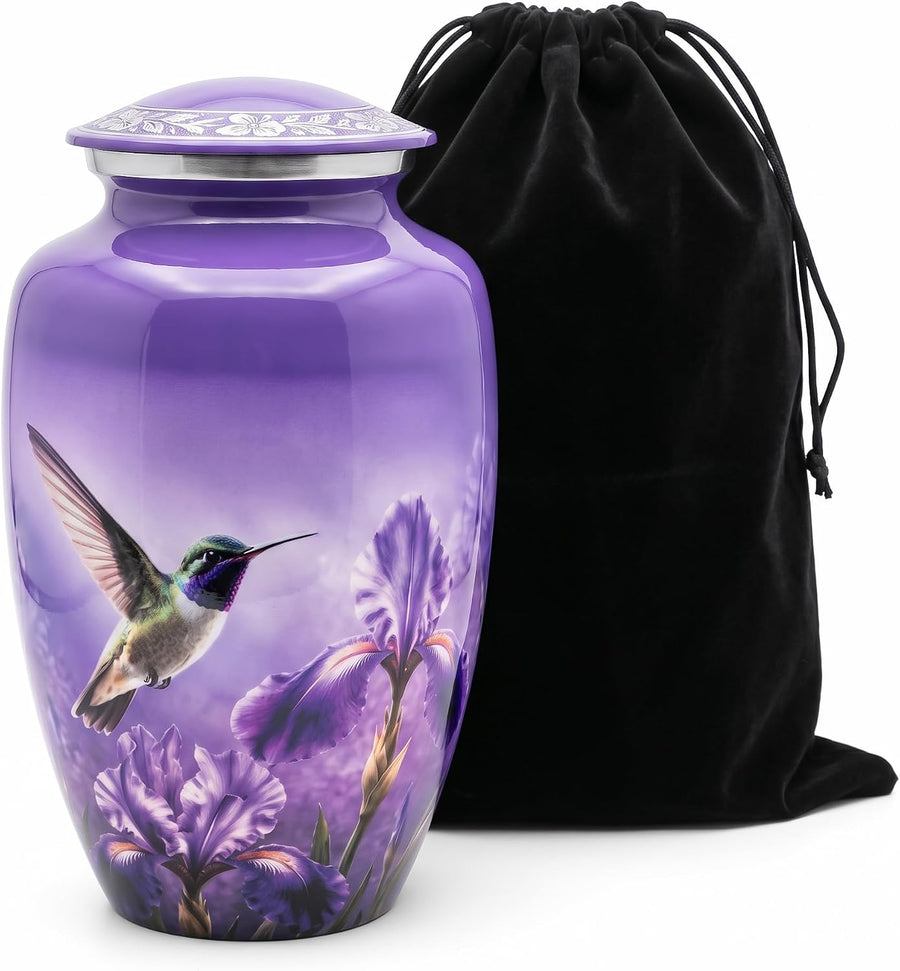 Purple Hummingbird Memorial Urn for Ashes – Full Size 200 Cu In Metal Cremation Urn with Iris Floral Artwork & Velvet Pouch