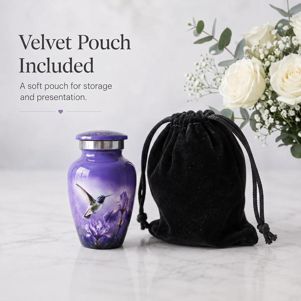 3 Cu In Purple Hummingbird Mini Keepsake Urn for Ashes – Metal Memorial Urn with Floral Design, Velvet Box & Pouch