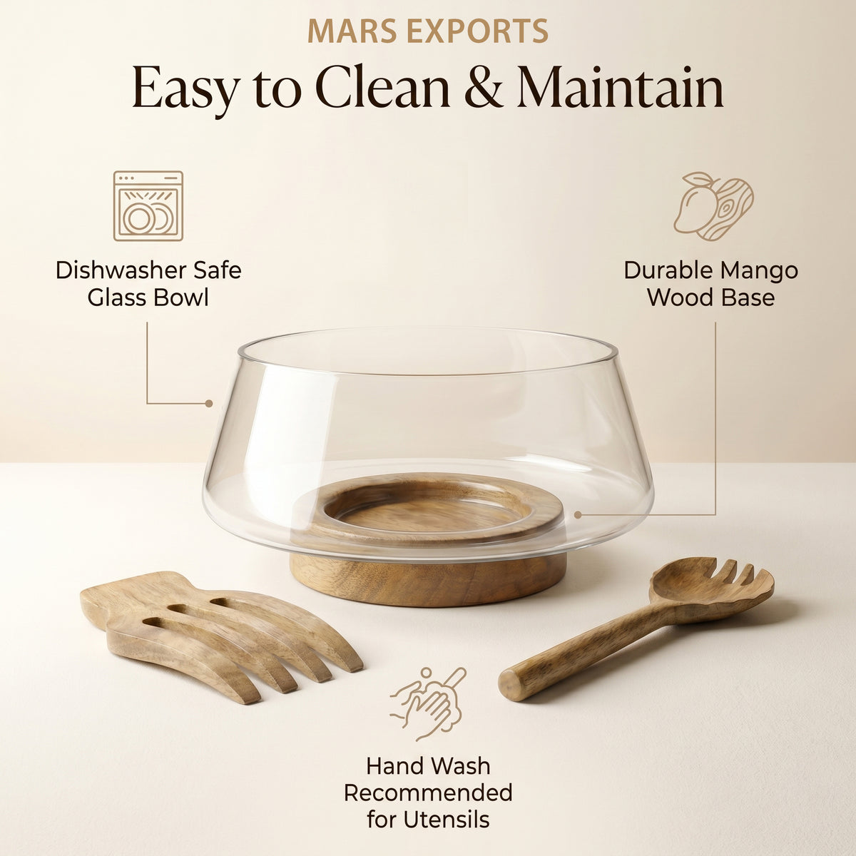 Large Glass Salad Bowl with Mango Wood Base & Serving Spoon – 10 Inch Clear Serving Bowl for Salads, Fruit & Entertaining