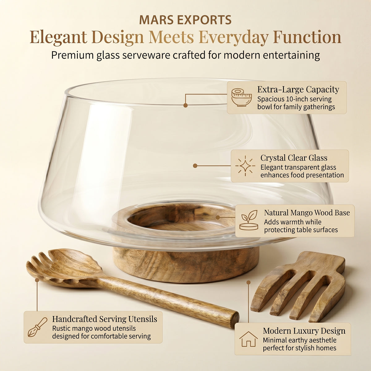 Large Glass Salad Bowl with Mango Wood Base & Serving Spoon – 10 Inch Clear Serving Bowl for Salads, Fruit & Entertaining
